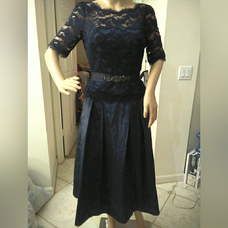 Nwt Adrianna Papell Dark Blue A-Line Dress Lace Belted Full Skirt Gorgeous Sz 4